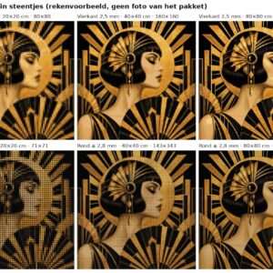 Rekenvoorbeeld van het ontwerp art deco vrouw in goud in vierkante en ronde steentjes op 20, 40 en 80 cm