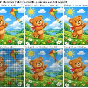 Rekenvoorbeeld van het ontwerp beertje met een vlieger in vierkante en ronde steentjes op 20, 40 en 80 cm