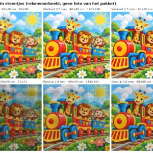 Rekenvoorbeeld van het ontwerp dierentrein in vierkante en ronde steentjes op 20, 40 en 80 cm