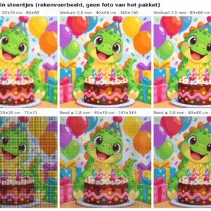 Rekenvoorbeeld van het ontwerp dino met verjaardagstaart in vierkante en ronde steentjes op 20, 40 en 80 cm