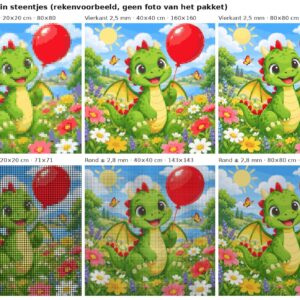 Rekenvoorbeeld van het ontwerp draakje met een rode ballon in vierkante en ronde steentjes op 20, 40 en 80 cm