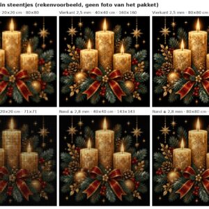 Rekenvoorbeeld van het ontwerp drie kaarsen met dennengroen in vierkante en ronde steentjes op 20, 40 en 80 cm