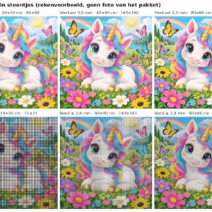 Rekenvoorbeeld van het ontwerp eenhoornveulen in de bloemen in vierkante en ronde steentjes op 20, 40 en 80 cm