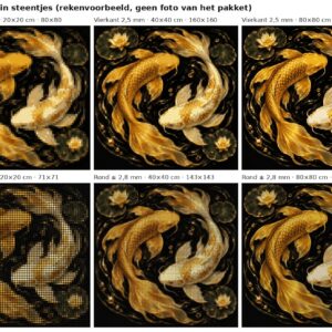 Rekenvoorbeeld van het ontwerp gouden en witte koi in vierkante en ronde steentjes op 20, 40 en 80 cm