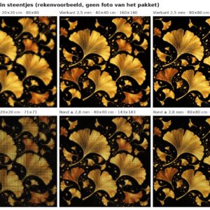 Rekenvoorbeeld van het ontwerp gouden ginkgobladeren in vierkante en ronde steentjes op 20, 40 en 80 cm
