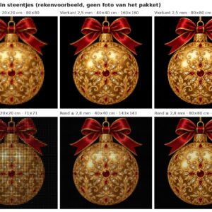 Rekenvoorbeeld van het ontwerp gouden kerstbal met rode strik in vierkante en ronde steentjes op 20, 40 en 80 cm