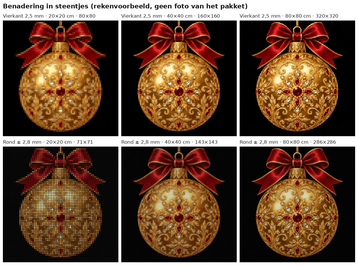Rekenvoorbeeld van het ontwerp gouden kerstbal met rode strik in vierkante en ronde steentjes op 20, 40 en 80 cm