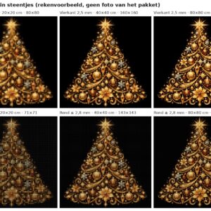 Rekenvoorbeeld van het ontwerp gouden kerstboom in vierkante en ronde steentjes op 20, 40 en 80 cm