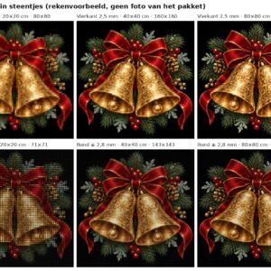 Rekenvoorbeeld van het ontwerp gouden kerstklokken op zwart met rode strik in vierkante en ronde steentjes op 20, 40 en 80 cm