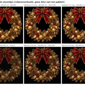 Rekenvoorbeeld van het ontwerp gouden kerstkrans in vierkante en ronde steentjes op 20, 40 en 80 cm