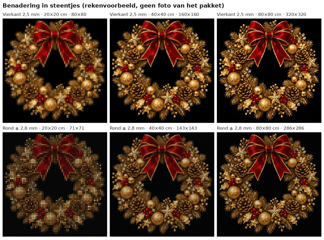 Rekenvoorbeeld van het ontwerp gouden kerstkrans in vierkante en ronde steentjes op 20, 40 en 80 cm