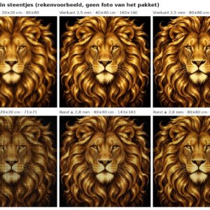 Rekenvoorbeeld van het ontwerp gouden leeuw op zwart in vierkante en ronde steentjes op 20, 40 en 80 cm