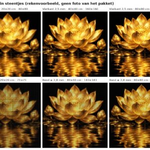 Rekenvoorbeeld van het ontwerp gouden lotus op donker water in vierkante en ronde steentjes op 20, 40 en 80 cm
