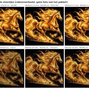 Rekenvoorbeeld van het ontwerp gouden paard in galop in vierkante en ronde steentjes op 20, 40 en 80 cm