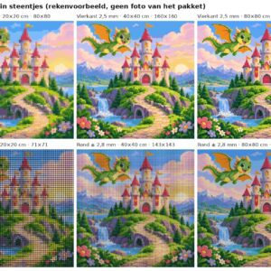 Rekenvoorbeeld van het ontwerp kasteel met een draakje in vierkante en ronde steentjes op 20, 40 en 80 cm