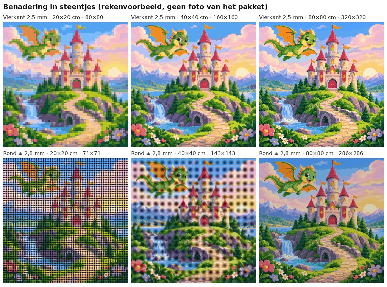 Rekenvoorbeeld van het ontwerp kasteel met een draakje in vierkante en ronde steentjes op 20, 40 en 80 cm