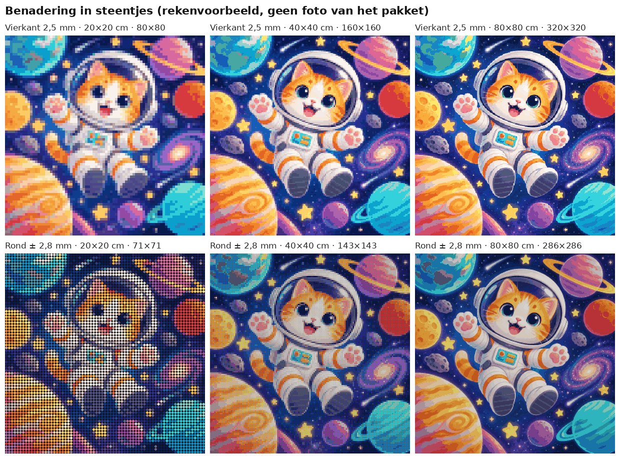 Rekenvoorbeeld van het ontwerp kat als astronaut in vierkante en ronde steentjes op 20, 40 en 80 cm