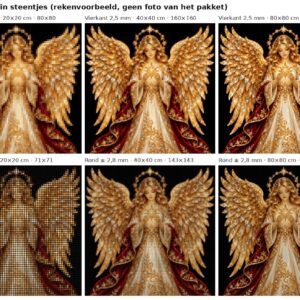 Rekenvoorbeeld van het ontwerp kerstengel met gouden vleugels in vierkante en ronde steentjes op 20, 40 en 80 cm