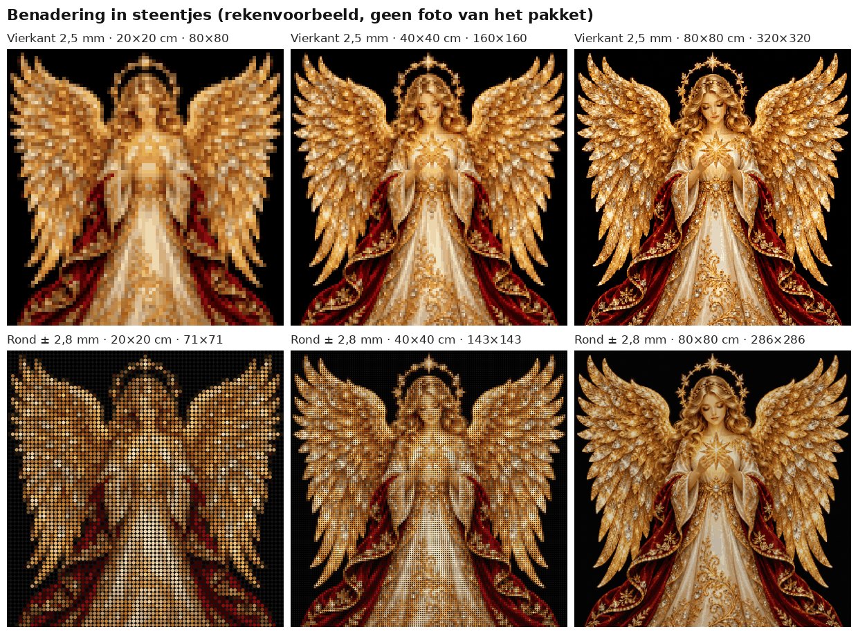 Rekenvoorbeeld van het ontwerp kerstengel met gouden vleugels in vierkante en ronde steentjes op 20, 40 en 80 cm