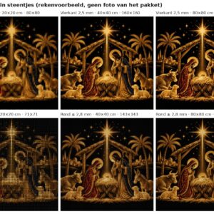Rekenvoorbeeld van het ontwerp kerststal in goud in vierkante en ronde steentjes op 20, 40 en 80 cm