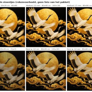 Rekenvoorbeeld van het ontwerp kraanvogels voor een gouden zon in vierkante en ronde steentjes op 20, 40 en 80 cm