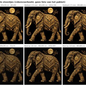 Rekenvoorbeeld van het ontwerp olifant met gouden ornamenten in vierkante en ronde steentjes op 20, 40 en 80 cm