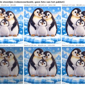 Rekenvoorbeeld van het ontwerp pinguïnfamilie op het ijs in vierkante en ronde steentjes op 20, 40 en 80 cm