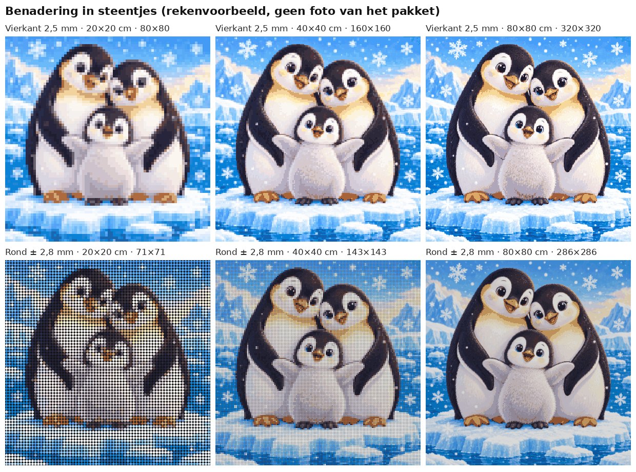 Rekenvoorbeeld van het ontwerp pinguïnfamilie op het ijs in vierkante en ronde steentjes op 20, 40 en 80 cm