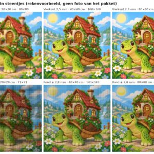 Rekenvoorbeeld van het ontwerp schildpad met een huisje in vierkante en ronde steentjes op 20, 40 en 80 cm