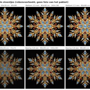 Rekenvoorbeeld van het ontwerp sneeuwvlok-mandala in goud en ijsblauw in vierkante en ronde steentjes op 20, 40 en 80 cm