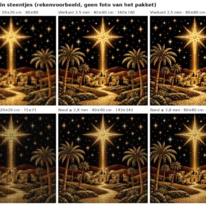 Rekenvoorbeeld van het ontwerp ster boven bethlehem in vierkante en ronde steentjes op 20, 40 en 80 cm