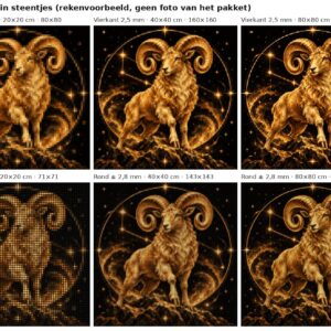 Rekenvoorbeeld van sterrenbeeld ram in vierkante en ronde steentjes op 20, 40 en 80 cm