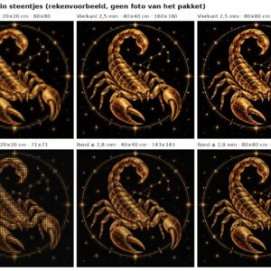 Rekenvoorbeeld van sterrenbeeld schorpioen in vierkante en ronde steentjes op 20, 40 en 80 cm
