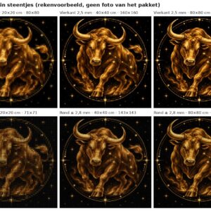 Rekenvoorbeeld van sterrenbeeld stier in vierkante en ronde steentjes op 20, 40 en 80 cm