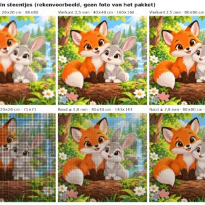 Rekenvoorbeeld van het ontwerp vosje en konijntje in vierkante en ronde steentjes op 20, 40 en 80 cm