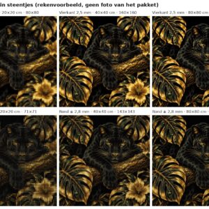 Rekenvoorbeeld van het ontwerp zwarte panter tussen gouden monstera in vierkante en ronde steentjes op 20, 40 en 80 cm