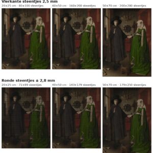 Rekenvoorbeeld van Arnolfini-portret van Jan van Eyck in vierkante en ronde steentjes op drie doekmaten