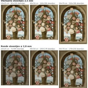 Rekenvoorbeeld van Bloemen in een venster van Bosschaert in vierkante en ronde steentjes op drie doekmaten