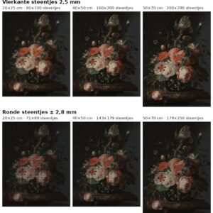 Rekenvoorbeeld van Bloemstilleven van Rachel Ruysch in vierkante en ronde steentjes op drie doekmaten