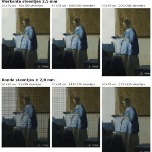 Rekenvoorbeeld van Brieflezende vrouw in het blauw van Vermeer in vierkante en ronde steentjes op drie doekmaten