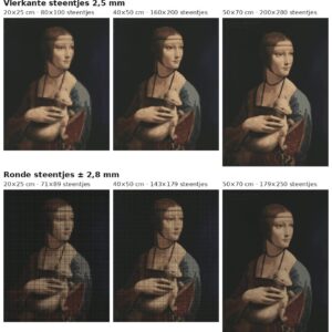 Rekenvoorbeeld van Dame met de hermelijn van Leonardo da Vinci in vierkante en ronde steentjes op drie doekmaten