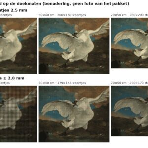 Rekenvoorbeeld van De bedreigde zwaan van Asselijn in vierkante en ronde steentjes op drie doekmaten