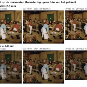 Rekenvoorbeeld van De boerenbruiloft van Bruegel in vierkante en ronde steentjes op drie doekmaten
