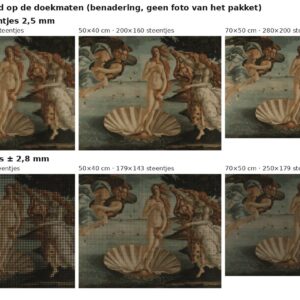 Rekenvoorbeeld van De geboorte van Venus van Botticelli in vierkante en ronde steentjes op drie doekmaten