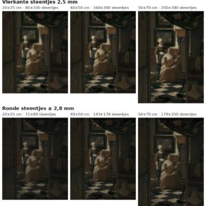 Rekenvoorbeeld van De liefdesbrief van Vermeer in vierkante en ronde steentjes op drie doekmaten