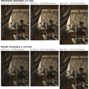 Rekenvoorbeeld van De schilderkunst van Vermeer in vierkante en ronde steentjes op drie doekmaten