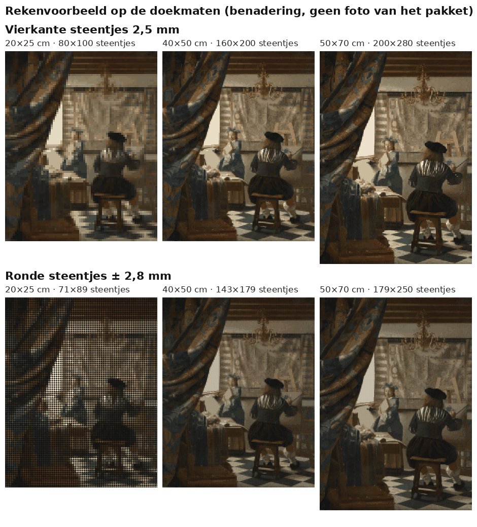 Rekenvoorbeeld van De schilderkunst van Vermeer in vierkante en ronde steentjes op drie doekmaten