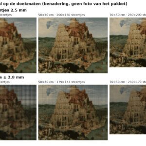 Rekenvoorbeeld van De toren van Babel van Bruegel in vierkante en ronde steentjes op drie doekmaten
