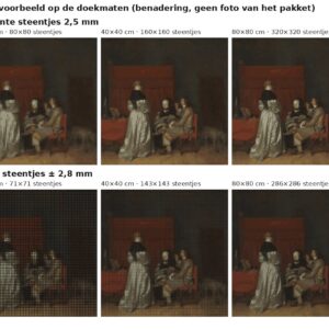Rekenvoorbeeld van De vaderlijke vermaning van Ter Borch in vierkante en ronde steentjes op drie doekmaten