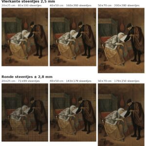 Rekenvoorbeeld van De zieke vrouw van Jan Steen in vierkante en ronde steentjes op drie doekmaten